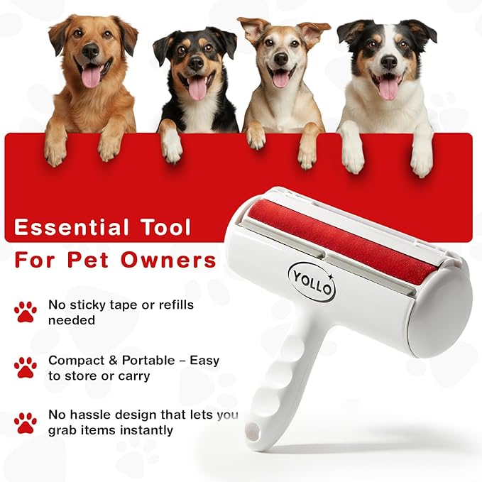 YOLLO Roller Pet Hair Remover - Portable Dog Hair Remover - Self-Cleaning Pet Hair Remover with Built-in Fur Bin, Reusable Lint Remover for Dog & Cat Hair on Furniture, Carpet, Sofa, Bed, Car - White