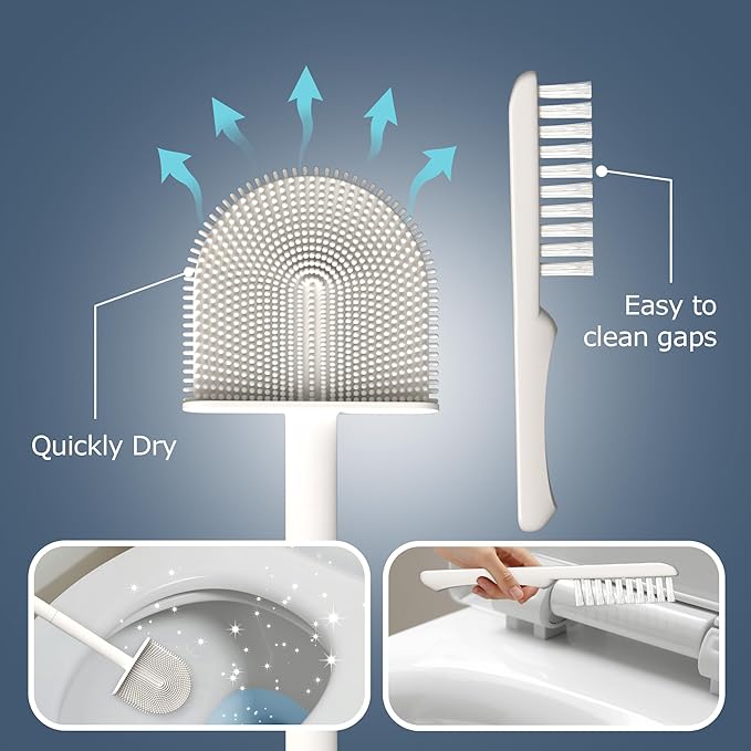 3 Pack Silicone Toilet Brushes & Holders– Includes 3 Crevice Brushes for Bathroom, Long Non-Slip Handle – Durable Bathroom Cleaning Set.