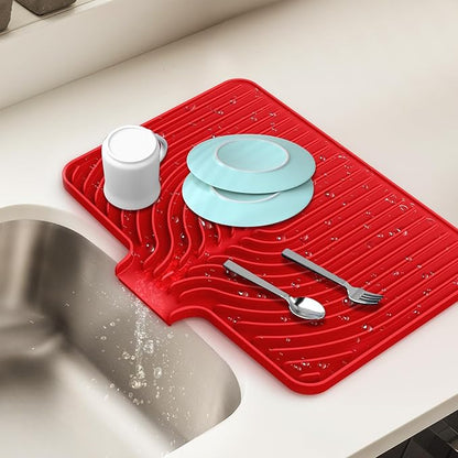 Dish Drying Mat for Kitchen Counter, with Built-in Drain Lip, Food-Grade Silicone, Easy Clean Pad for Countertop Protection, Multi-Functional Use (18x11.8, Red)
