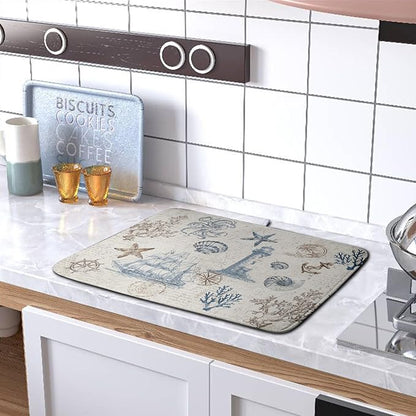 Nautical Coastal Dish Drying Mat for Kitchen Counter Summer Ocean Sailboat Starfish Seashell Absorbent Microfiber Dish Mat Reusable Washable Dish Drainer Rack Mat 16x18 Inch