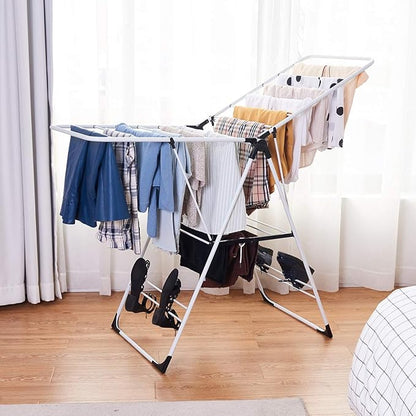 GOFLAME Steel Clothes Drying Rack with Adjustable Wings, Foldable Gullwing Collapsible Laundry Drying Rack with Shoe Holder and Shelves, Space Saving Drying Rack for Underwear, Socks, Pants