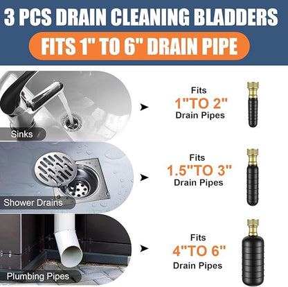 3 Pcs Drain Bladder Kit, Drain Cleaning Bladder Fits 1" to 6" Pipes, Rubber Drain Bladder Unclogger for Bathroom Sinks, Showers, Swimming Pool Drains, Kitchen Sinks and Main Drains