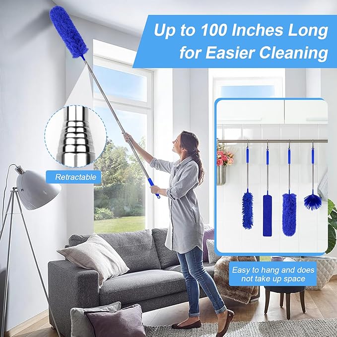 5-in-1 Kit Dusters for Cleaning, Duster with Extension Pole, Extendable Duster with 100 Inches, Microfiber Dusters, Webster Cobweb Duster for Cleaning Ceiling Fans, Furniture, Blinds - Blue