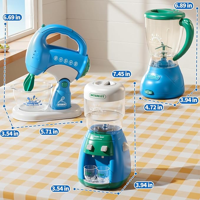 Toy Kitchen Accessories, Kitchen Appliances Play Cooking Set Toys for Kids Ages 1-3 3-5 with Blender, Mixers, Water Dispenser, Light Sound, Pretend Play Birthday Gifts for 3-8 Year Old Girl