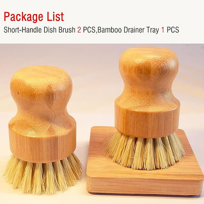Bamboo Vegetable Brush Set, Natural Bristle Dish Brush with Holder, Eco Friendly Soft Dish Scrubber Kitchen Brush for Dishes