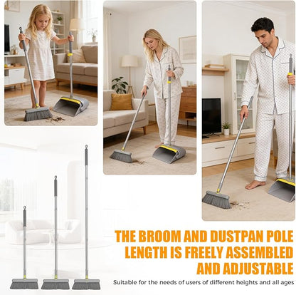 Upgrade Broom and Dustpan Set 180° Rotatable Head with 61" Extra Long Adjustable Handle Self-Cleaning Dustpan Teeth&Zero Gap Indoor Outdoor Sweeping for Home Kitchen Office Pet Hair-Gray&Yellow