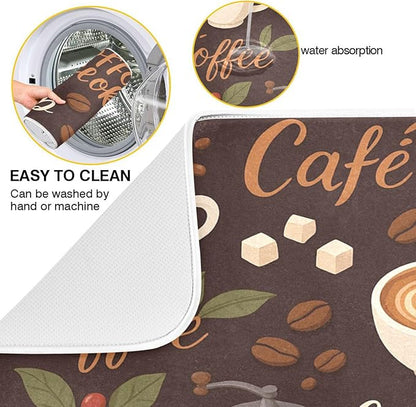 Tea and Coffee Theme Microfiber Dish Drying Mat Absorbent Dish Draining Mat Large Size 18 x 24 Dishes Drainer Mat for Countertop Dish Drying Pads
