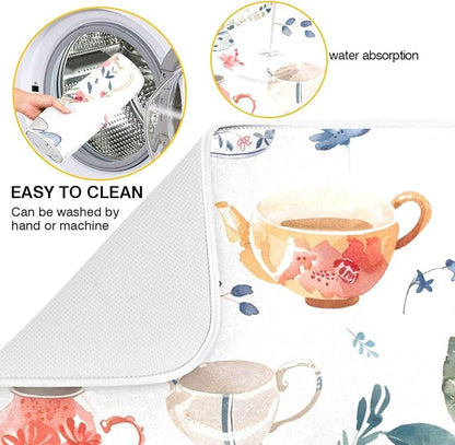 Watercolor Tea Cups Teapots Dish Drying Mat for Kitchen Counter Absorbent Microfiber Drying Pad, Medium 16x18 in, Reversible Drainer Mats