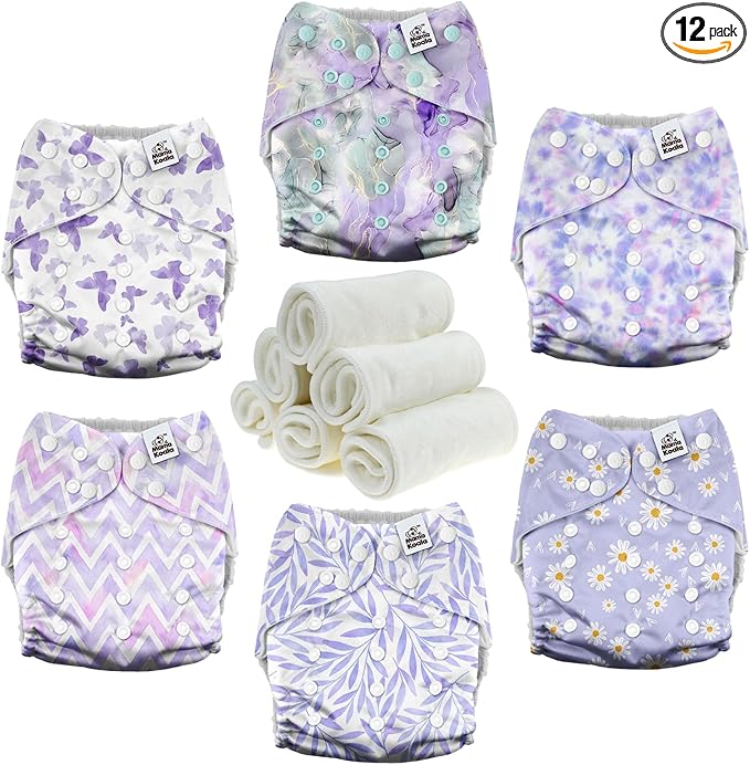 Mama Koala 3.0 Cloth Diapers for Babies with AWJ Lining, 6 Pack with 6 Natural Cloth Diaper Inserts - Reusable and Washable Pocket Diapers (Light Lavender)