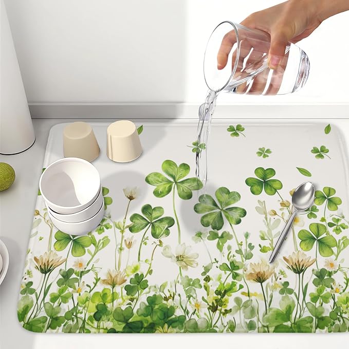 St Patrick's Day Dish Drying Mat 18 x 24 Inch Green Clover Dish Drainer Rack Mat Absorbent Microfiber Mats for Shamrock Dish Pad Spring Lucky Dish Pad for Kitchen Bar Decor