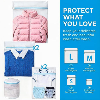 6 Pack Mesh Laundry Bags for Delicates with Auto-Lock Zipper, Durable Fine Washing Bag for Lingerie, Socks, Baby Clothes, Reusable Garment Bags for Travel, Storage & College Dorm (1L 2M 2S 1Bra Bag)