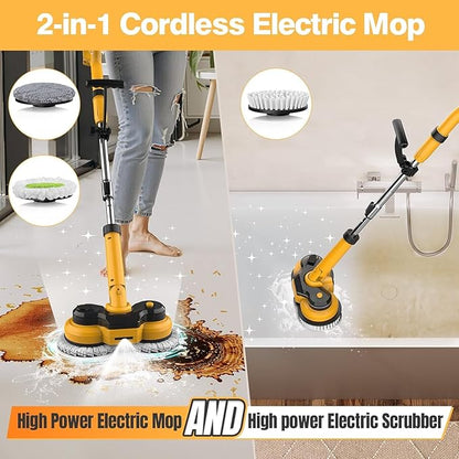 Cordless Electric Mop for Dewalt 20V Battery (NO Battery), 2 in 1 Spin Mop & Electric Floor Scrubber Machine with LED Light & Water Spray, 800 RPM Rotating Electric Mops for Floor Cleaning (Golden)