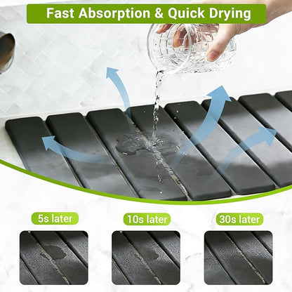 Large Stone Dish Drying Mat for Kitchen Counter, Foldable Diatomaceous Earth Drying Mat, Quick Water Absorbing Eco-Friendly Mat for Dishes, Dark Gray
