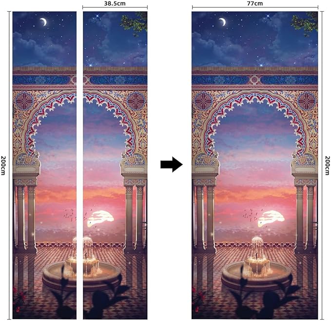 A.Monamour 3D Door Stickers for Interior Doors Balcony View at Sunset with Arabian Interior Design Vinyl Waterproof Self Adhesive Door Mural Decals for Bedroom Office Bathroom 77x200cm