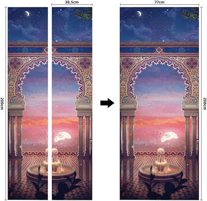 A.Monamour 3D Door Stickers for Interior Doors Balcony View at Sunset with Arabian Interior Design Vinyl Waterproof Self Adhesive Door Mural Decals for Bedroom Office Bathroom 77x200cm