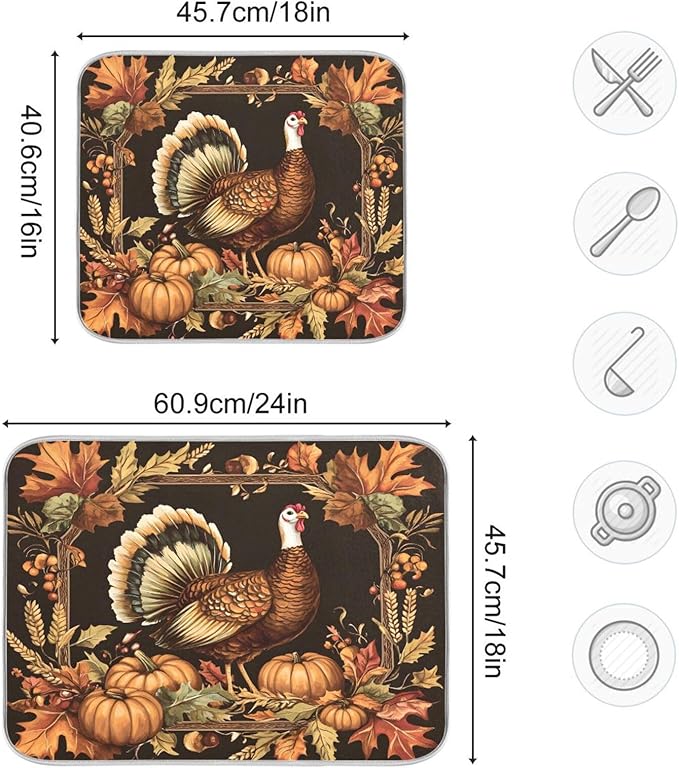 Thanksgiving Turkey Pumpkin Dish Drying Mat for Kitchen Counter Absorbent Microfiber Drying Pad, Medium 16x18 in