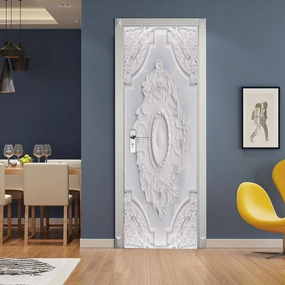 A.Monamour 3D Door Stickers for Interior Doors Luxury White Wall Design with Flowers Relief Moldings Vinyl Waterproof Self Adhesive Door Mural Decals for Bedroom Office Bathroom 85x200cm