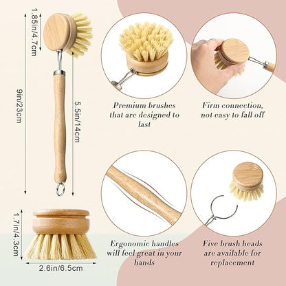 10 Pieces Wooden Dish Brush Set Bamboo Dish Brush Wood Bottle Brush with Replacement Heads for Dishes, Wide Mouth Bottles, Cups and Jars