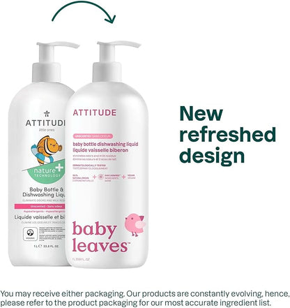 ATTITUDE Baby Bottle & Dish Soap, EWG Verified Bottle Cleaner, Fragrance Free & Dye Free, Removes Milk Residue & Grease, Vegan, Unscented, 33.8 Fl Oz