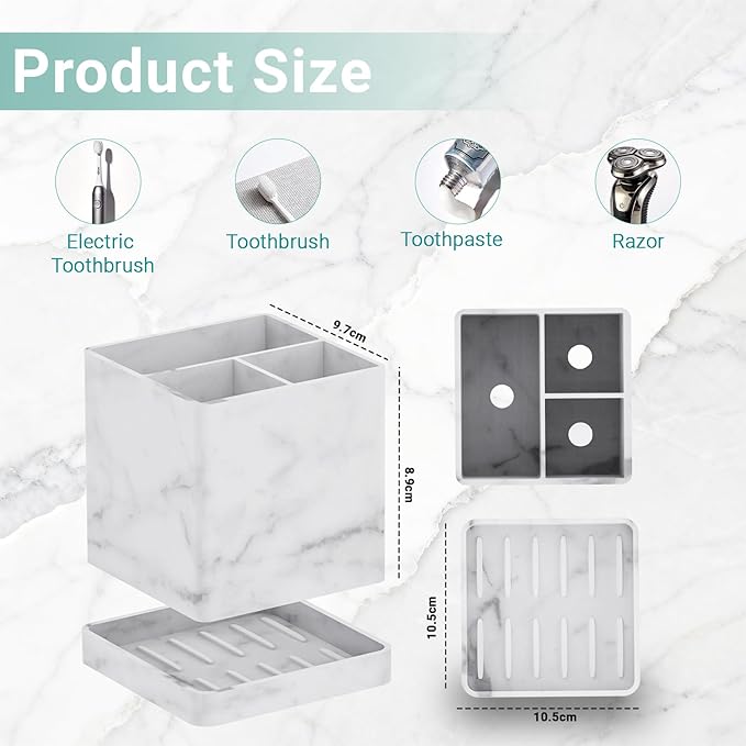 Toothbrush Holders for Bathrooms, 3 Slots Kids Countertop Silicone Electric Tooth Brush and Toothpaste Holder Organizer Stand with Drainage Tray, Bathroom Accessories Decor, White Marble