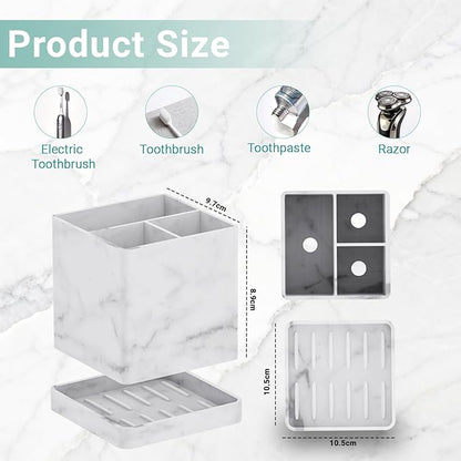 Toothbrush Holders for Bathrooms, 3 Slots Kids Countertop Silicone Electric Tooth Brush and Toothpaste Holder Organizer Stand with Drainage Tray, Bathroom Accessories Decor, White Marble