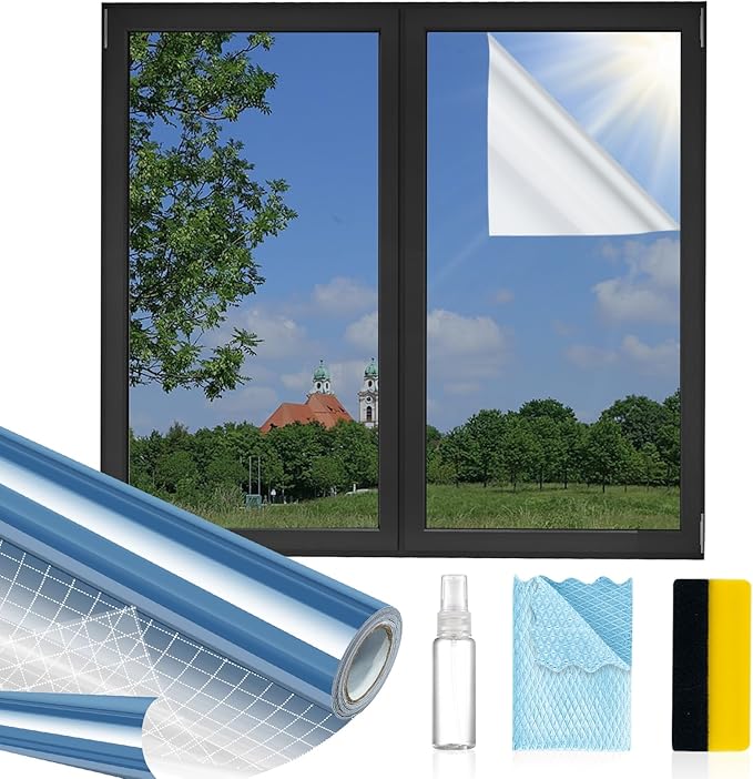 Window Privacy Film One Way, Reflective Mirror Window Film Daytime Privacy, UV Sun Blocking Heat Control Static Cling, Window Tint for Home Office - 17.5 Inch X 16.4 Feet