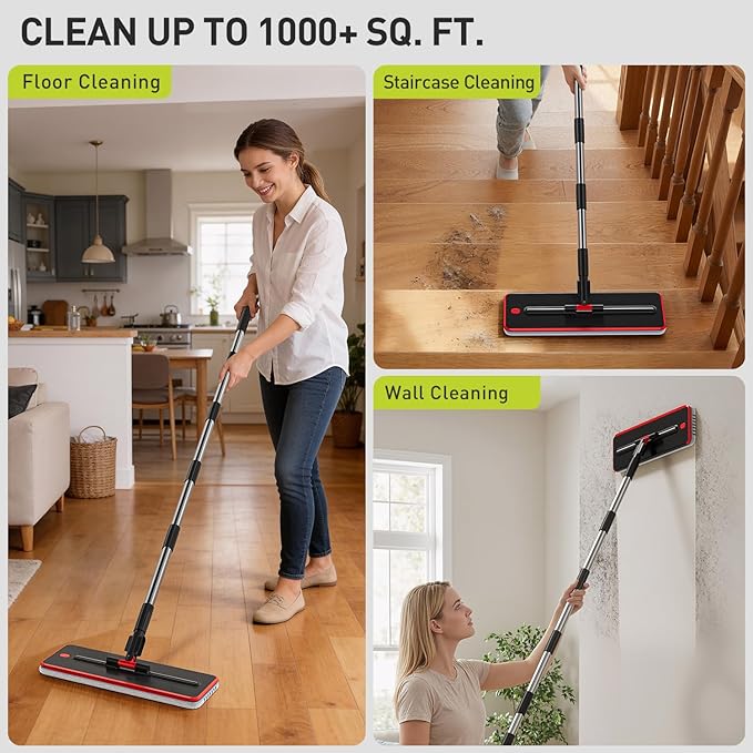 Transparent Mop and Bucket Set with Separate Dirty & Clean Water, 65" Flat Mop for Floor Cleaning, 4 Machine Washable Microfiber Pads for Wood Tile-Black