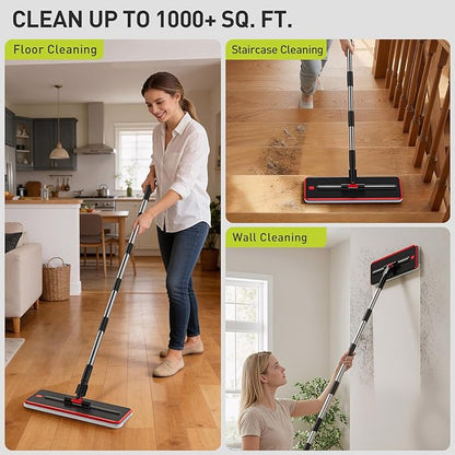Transparent Mop and Bucket Set with Separate Dirty & Clean Water, 65" Flat Mop for Floor Cleaning, 4 Machine Washable Microfiber Pads for Wood Tile-Black