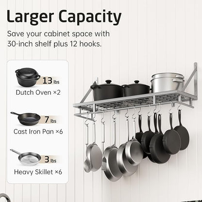 KES 30-Inch Silver Gray Pot Rack, Wall Mounted Hanging Pot and Pan Organizer with 12 Sturdy Hooks, Kitchen Wall Hanger Shelves Modern, KUR215S75A-SG