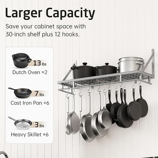 KES 30-Inch Silver Gray Pot Rack, Wall Mounted Hanging Pot and Pan Organizer with 12 Sturdy Hooks, Kitchen Wall Hanger Shelves Modern, KUR215S75A-SG
