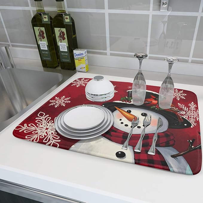 Christmas Snowman Dish Drying Mat for Kitchen Counter 18x24 Xmas Snowflake Winter Holiday Dark Red Absorbent Reversible Microfiber Drying Mats Kitchen Countertop Protector Dishes Drainer Rack Pad