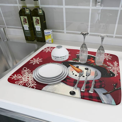 Christmas Snowman Dish Drying Mat for Kitchen Counter 18x24 Xmas Snowflake Winter Holiday Dark Red Absorbent Reversible Microfiber Drying Mats Kitchen Countertop Protector Dishes Drainer Rack Pad