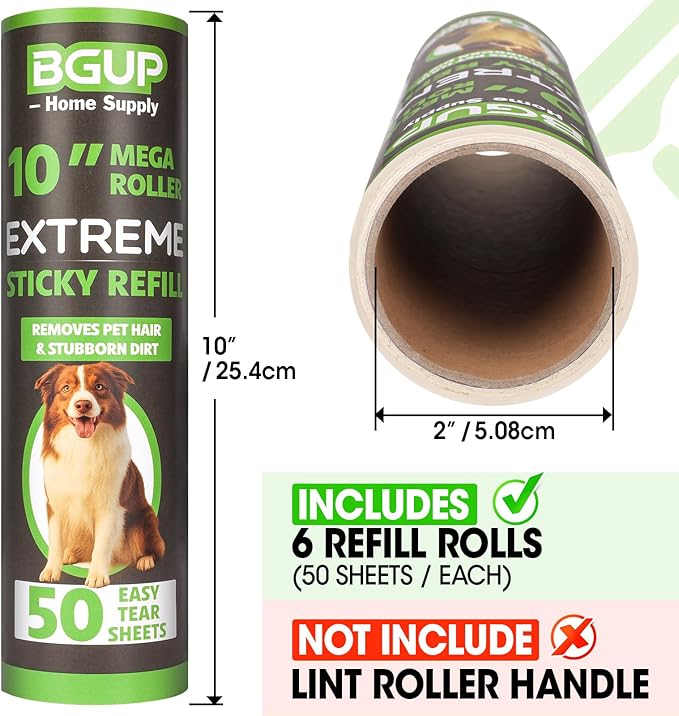 10 Inch Lint Roller Refills, 6 Rolls 300 Sheets Large Lint Rollers for Pet Hair Extra Sticky, Easily Remove Carpets, Clothes, Couch and Curtains Dust (Not Include Lint Roller Handle)