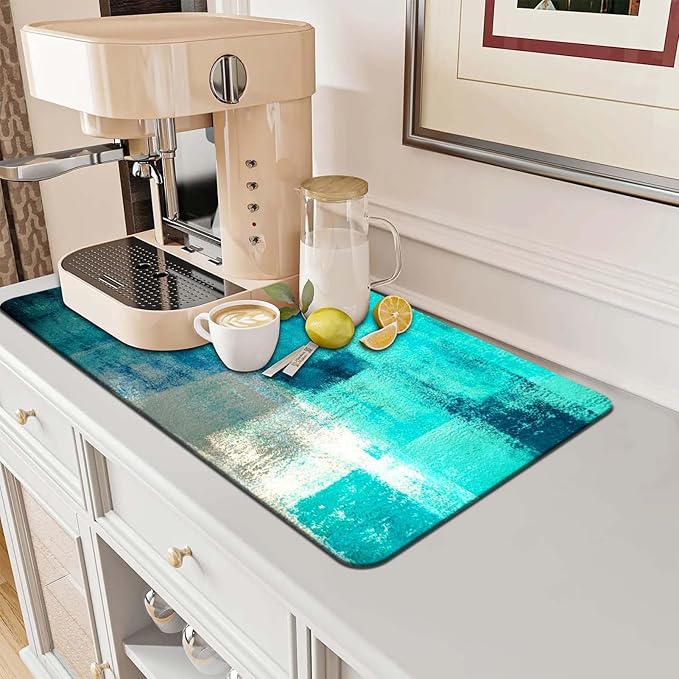 MCALK Turquoise Coffee Mat for Kitchen Counter, Teal Dish Drying Pad with Anti-Slip Rubber Base, Absorbent Kitchen Sink Mat with Abstract Art Decor,Turquoise 12"x20"