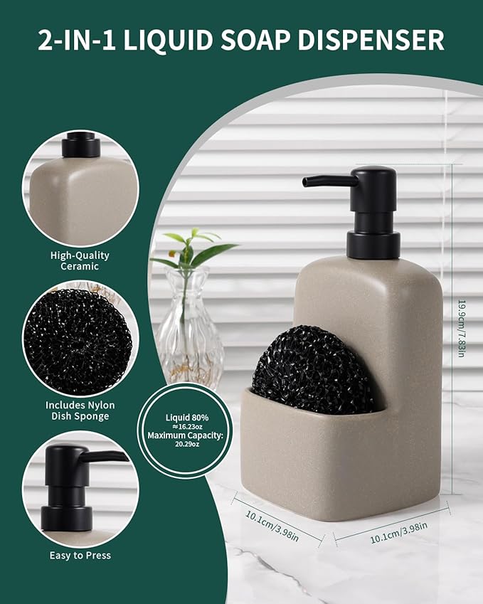 BosilunLife Dish Soap Dispenser - Matte Silver Grey Ceramic Kitchen Soap Dispenser with Sponge Holder Matte Ceramic Soap Daddy Dispenser 20oz for Kitchen Soap Pump and Sponges Caddy