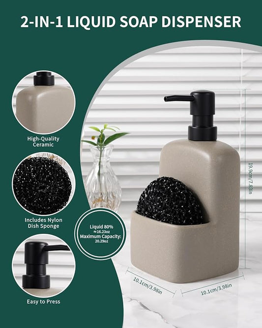 BosilunLife Dish Soap Dispenser - Matte Silver Grey Ceramic Kitchen Soap Dispenser with Sponge Holder Matte Ceramic Soap Daddy Dispenser 20oz for Kitchen Soap Pump and Sponges Caddy