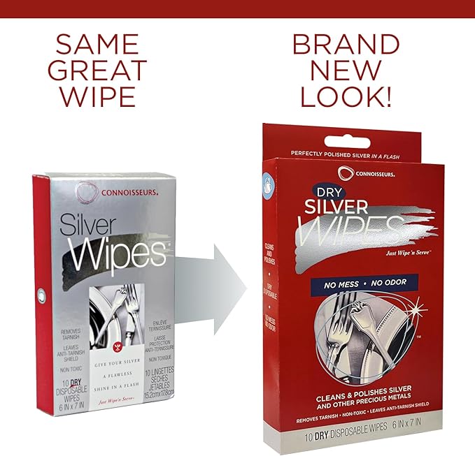 Connoisseurs Silver Cleaner Wipes for Sterling Silver Jewelry and Tableware - 10 Pack - Dry and Disposable - Remove and Prevent Tarnish