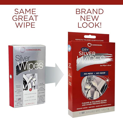 Connoisseurs Silver Cleaner Wipes for Sterling Silver Jewelry and Tableware - 10 Pack - Dry and Disposable - Remove and Prevent Tarnish