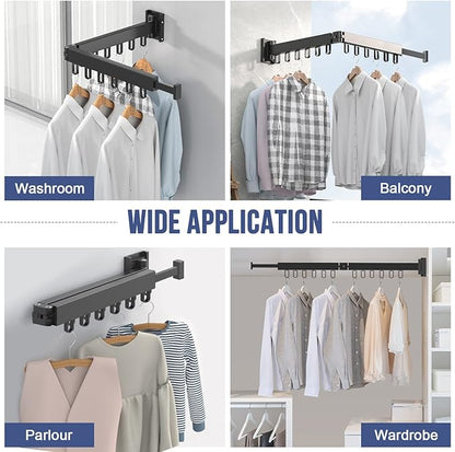MIFXIN Clothes Drying Rack Foldable Wall Mounted Retractable Laundry Drying Rack Two-Fold Collapsible Clothes Hanger Folding Clothing Rack for Laundry Balcony (Black)