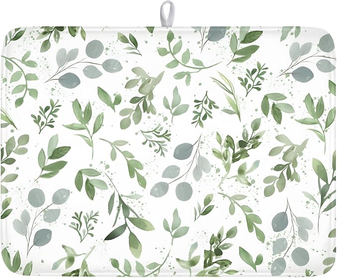Spring Summer Sage Green Leaves Dish Drying Mat 18 x 24 Inch Spring Eucalyptus Leaf Dish Drainer Rack Mat Absorbent Microfiber for Holiday Kitchen Coffee Dining Bar Decor