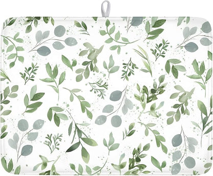 Spring Summer Sage Green Leaves Dish Drying Mat 18 x 24 Inch Spring Eucalyptus Leaf Dish Drainer Rack Mat Absorbent Microfiber for Holiday Kitchen Coffee Dining Bar Decor
