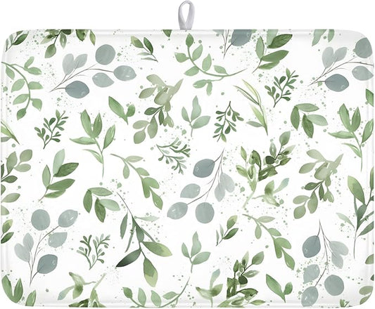 Spring Summer Sage Green Leaves Dish Drying Mat 18 x 24 Inch Spring Eucalyptus Leaf Dish Drainer Rack Mat Absorbent Microfiber for Holiday Kitchen Coffee Dining Bar Decor