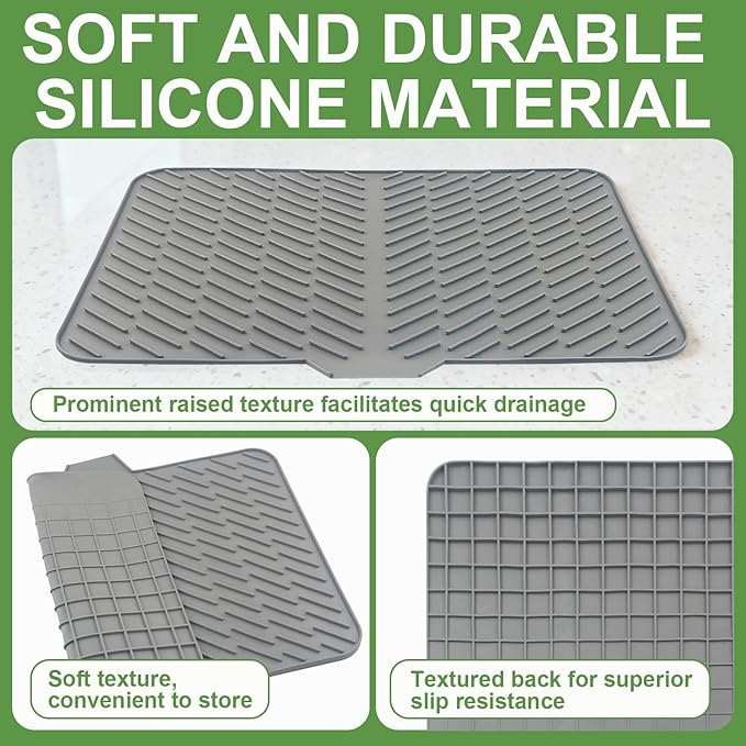 Silicone Drying Mat, 23"X17" With Built-in Drain Lip,Heat-Resistant,Eco-friendly,Hygienic Drying Pad,Leak-Proof and Non-Slip,Silicone Dish Drying Mat for Kitchen Counter or Sink（Gray 23X17）