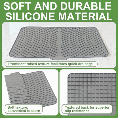Silicone Drying Mat, 23"X17" With Built-in Drain Lip,Heat-Resistant,Eco-friendly,Hygienic Drying Pad,Leak-Proof and Non-Slip,Silicone Dish Drying Mat for Kitchen Counter or Sink（Gray 23X17）