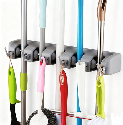 TOGU 2 Pack Mop and Broom Holder Wall Mounted 5 Position Storage Rack with 6 Retractable Hooks Holds up to 11 Tools Utility Weatherproof Holder for Garage Storage Systems Broom Organizer,Gray