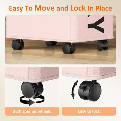 Pink Laundry Basket with Wheels, Dorm Room Essentials for Girls, 90L Rolling Laundry Hamper with Wheels and Removable Mesh Bag for Clothes, Bedroom, Bathroom, College