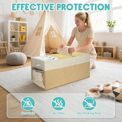 BALEINE Fabric Storage Bins with Lid, Collapsible Extra Large Storage Boxes Bins Baskets with Divider for Home Organizing (37.5"x13"x16", Navy Blue&Beige)