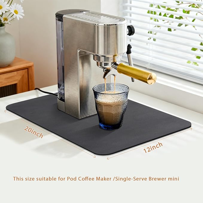 Coffee Mat 20x12 Inch, Black Coffee Machine Mat, Absorbent Hide Stain Rubber Backed Dish Drying Mat for Kitchen Counter, Bar Mats for Countertops, Under Coffee Bar Maker Machine Pot Espresso Staion