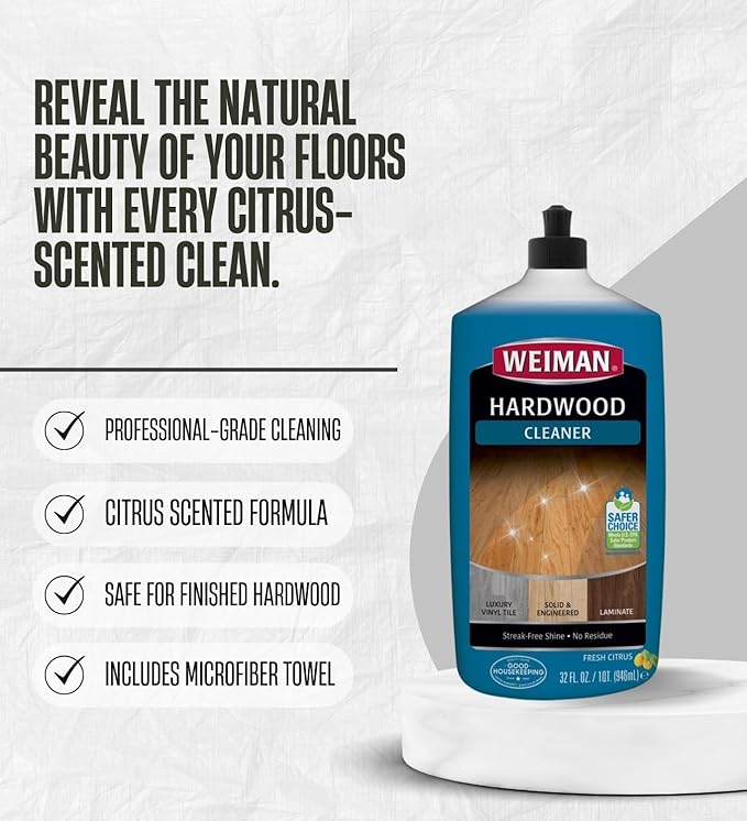 Weiman Professional Citrus Scent Hardwood Floor Cleaner Liquid 32 oz Bundle with Microfiber Cloth – Cleans and Shines Wood, Laminate, and Tile Floors – Gift Set (2 Items)