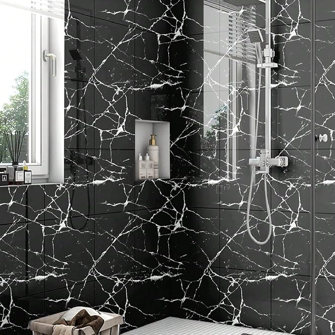 Chejiaye 10pcs Marble Peel and Stick Backsplash Waterproof Washroom Wall Panels, Peel and Stick Tile, PVC Wall Panels for Kitchen (Black Marble Tiles, 11.8" x 11.8" x2.5MM x 10Pack)